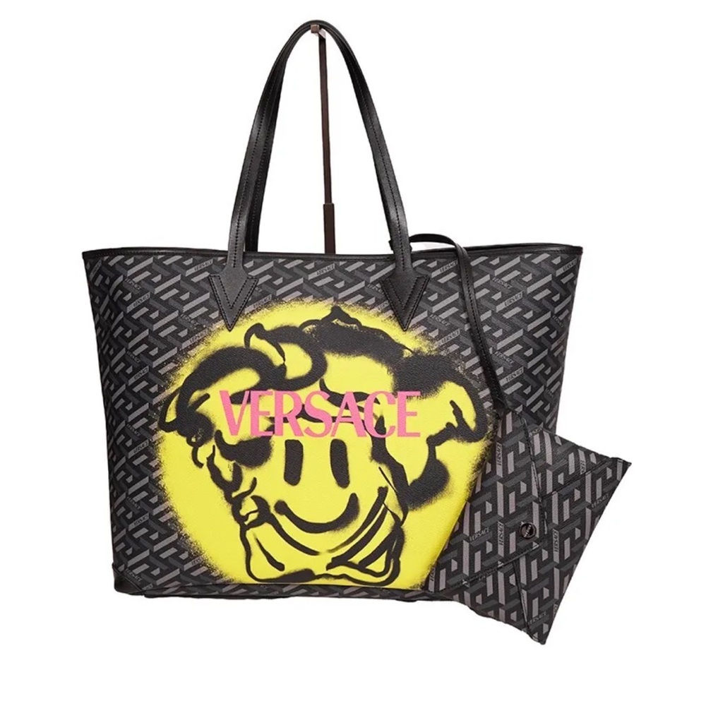 VERSACE La Greca SMILEY MEDUSA YELLOW GRAFFITI Canvas LARGE TOTE BAG